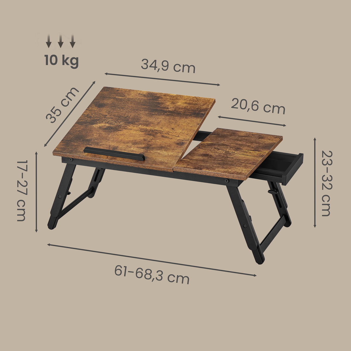 LEDREM Breakfast Tray with Folding Legs, Laptop Desk with Tilting Top, Fits up to 15.6 Inches Laptop, Rustic Brown and Matte Black