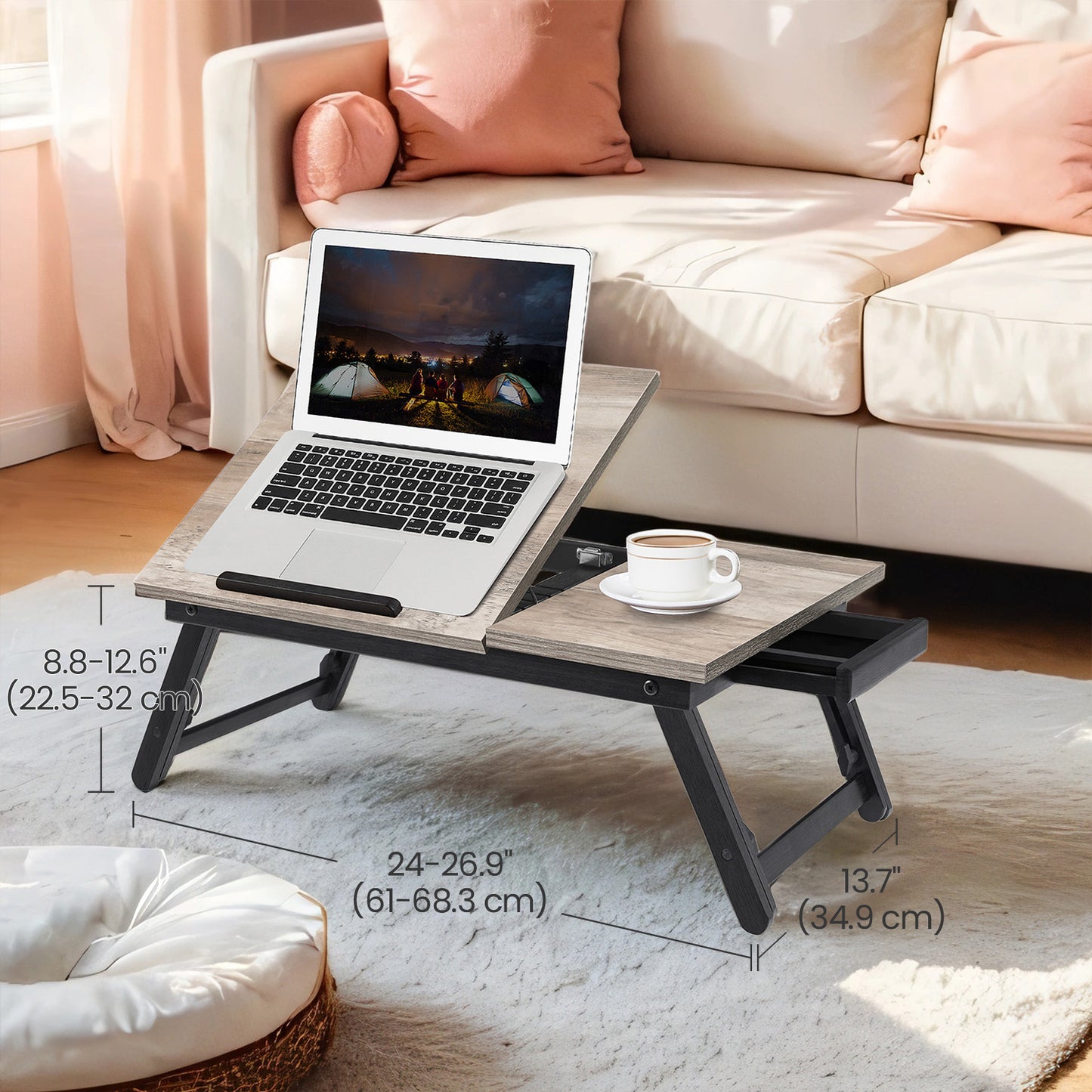 Adjustable Bamboo Laptop Desk for Bed & Sofa, Tilting Tray Table with Folding Legs, Fits 15.6" Laptop, No Assembly, 22lb Capacity, Greige