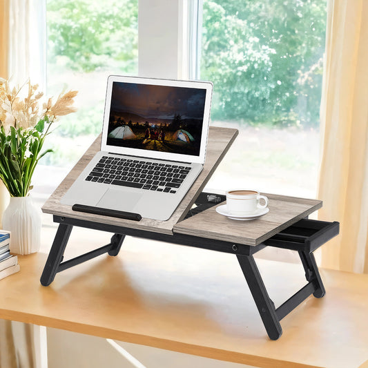 Adjustable Bamboo Laptop Desk for Bed & Sofa, Tilting Tray Table with Folding Legs, Fits 15.6" Laptop, No Assembly, 22lb Capacity, Greige