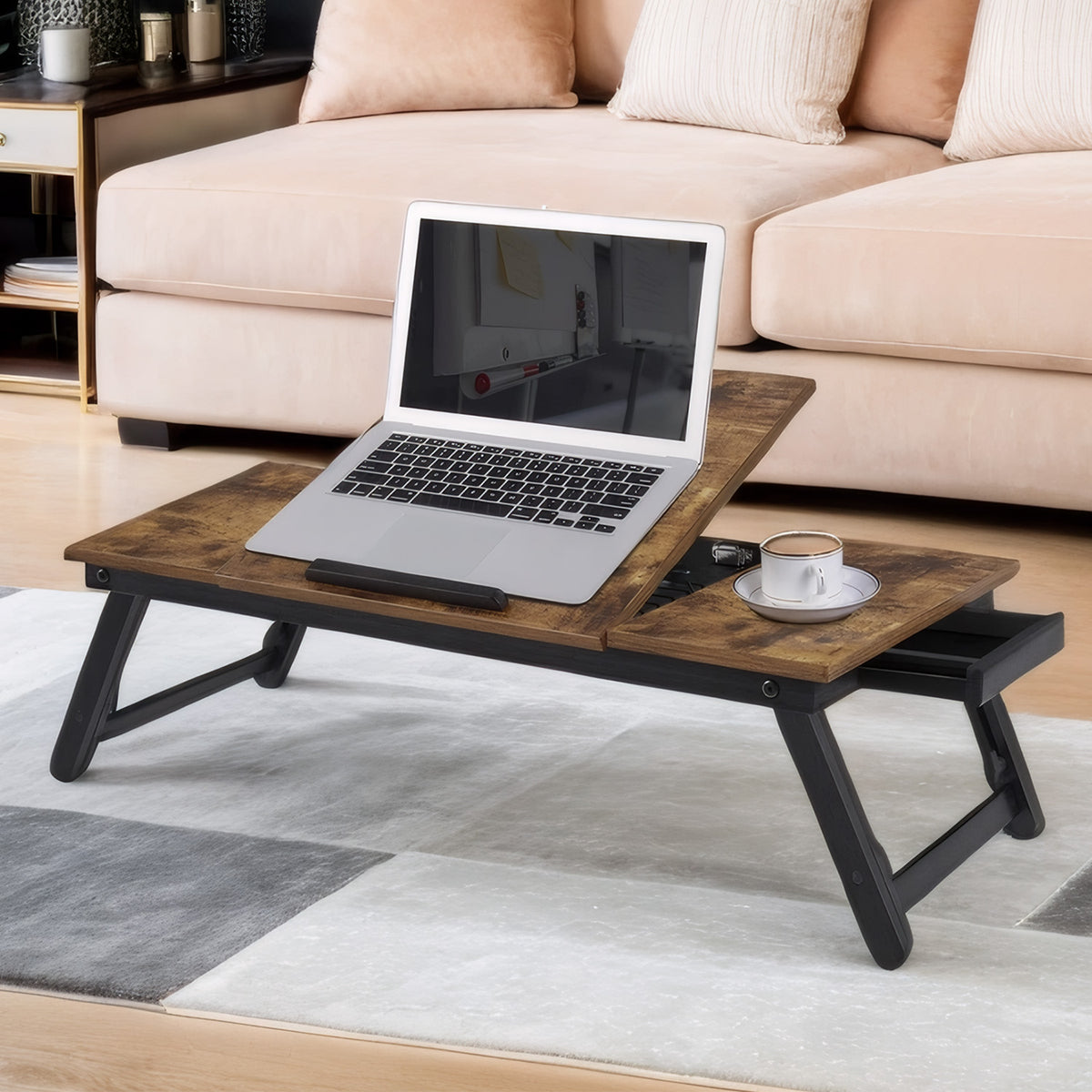 LEDREM Laptop Desk, Foldable Bed Tray Table with Adjustable Tilting Top, 28.1 x 13.8 x 9.1-12.1 Inches, Rustic Brown