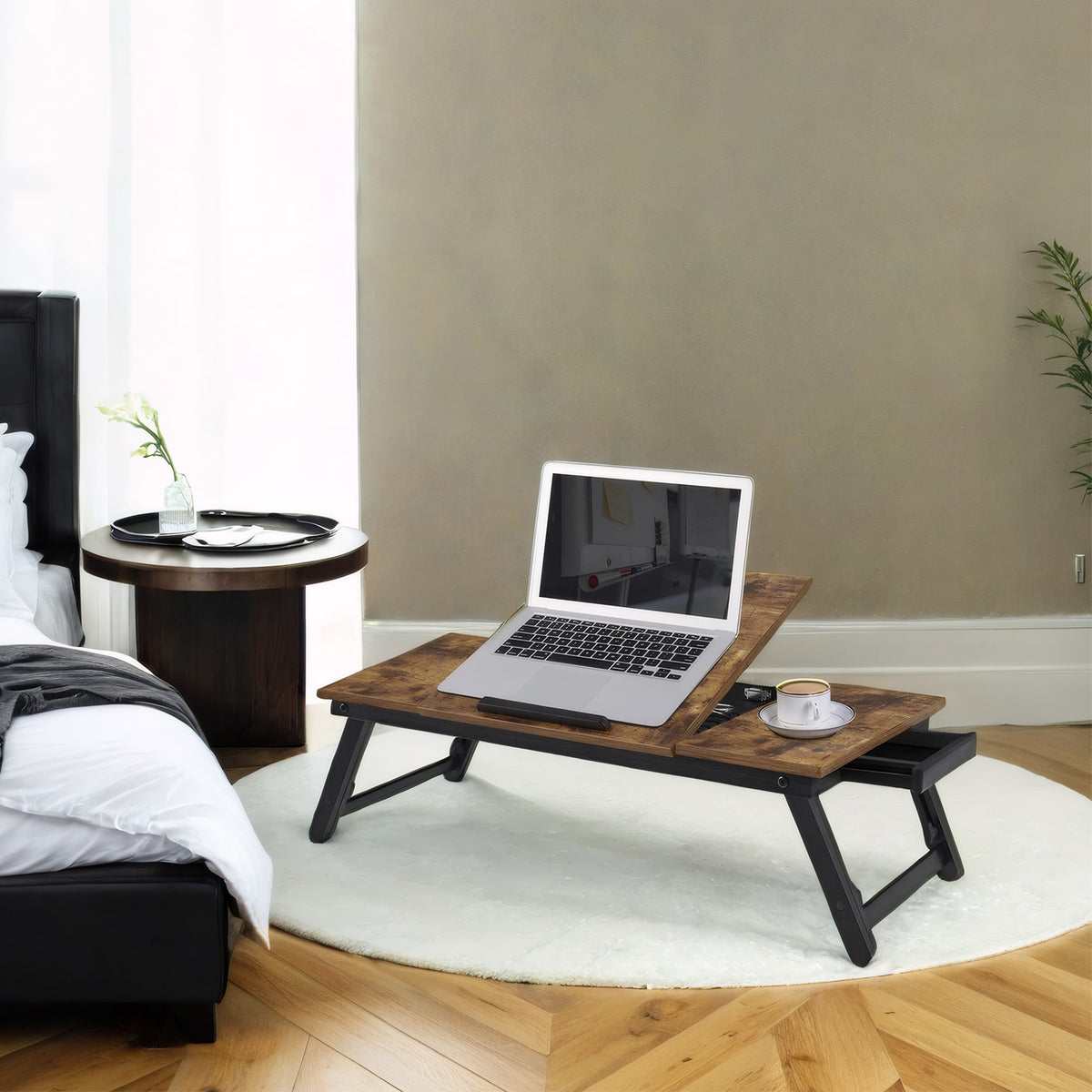 LEDREM Laptop Desk, Foldable Bed Tray Table with Adjustable Tilting Top, 28.1 x 13.8 x 9.1-12.1 Inches, Rustic Brown