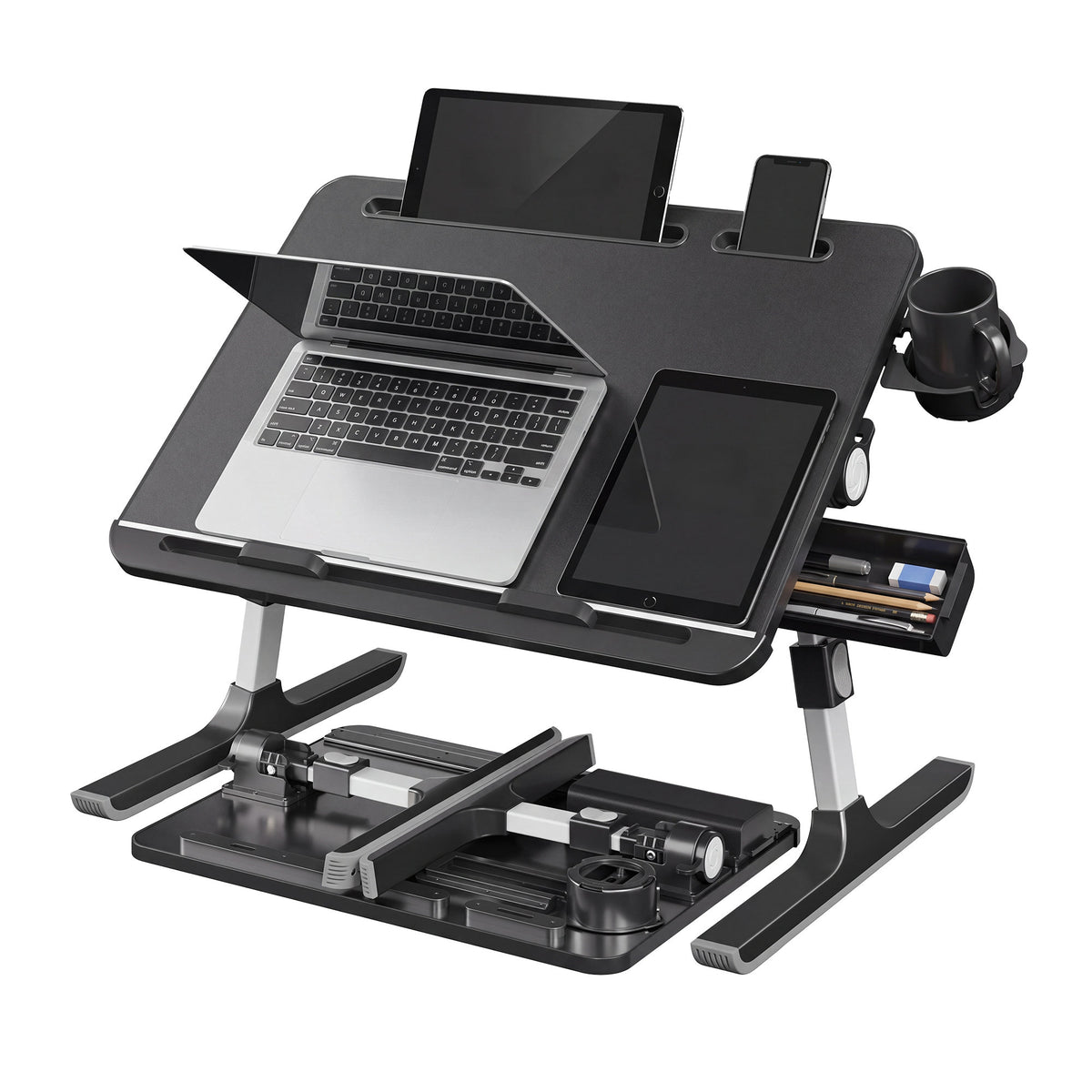 LEDREM Lap Desk Table, Adjustable Height, 120° Tilt, Large 56 x 40 cm Desktop, Foldable Laptop Bed Tray, Black