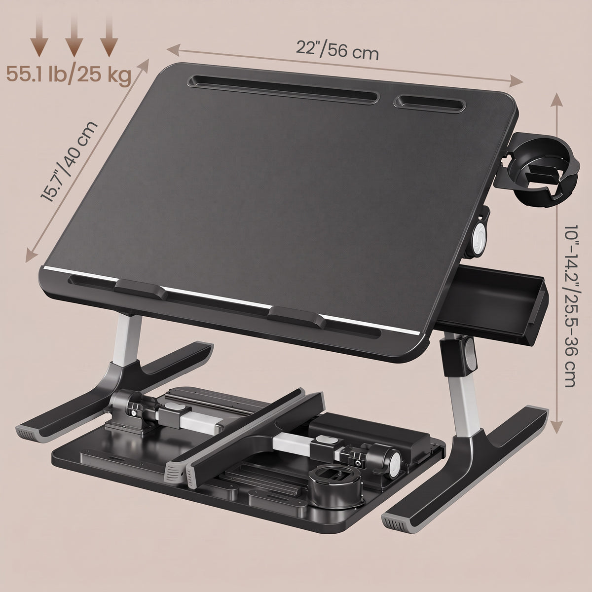 LEDREM Lap Desk Table, Adjustable Height, 120° Tilt, Large 56 x 40 cm Desktop, Foldable Laptop Bed Tray, Black