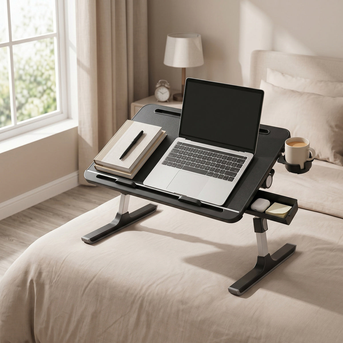 LEDREM Lap Desk Table, Adjustable Height, 120° Tilt, Large 56 x 40 cm Desktop, Foldable Laptop Bed Tray, Black