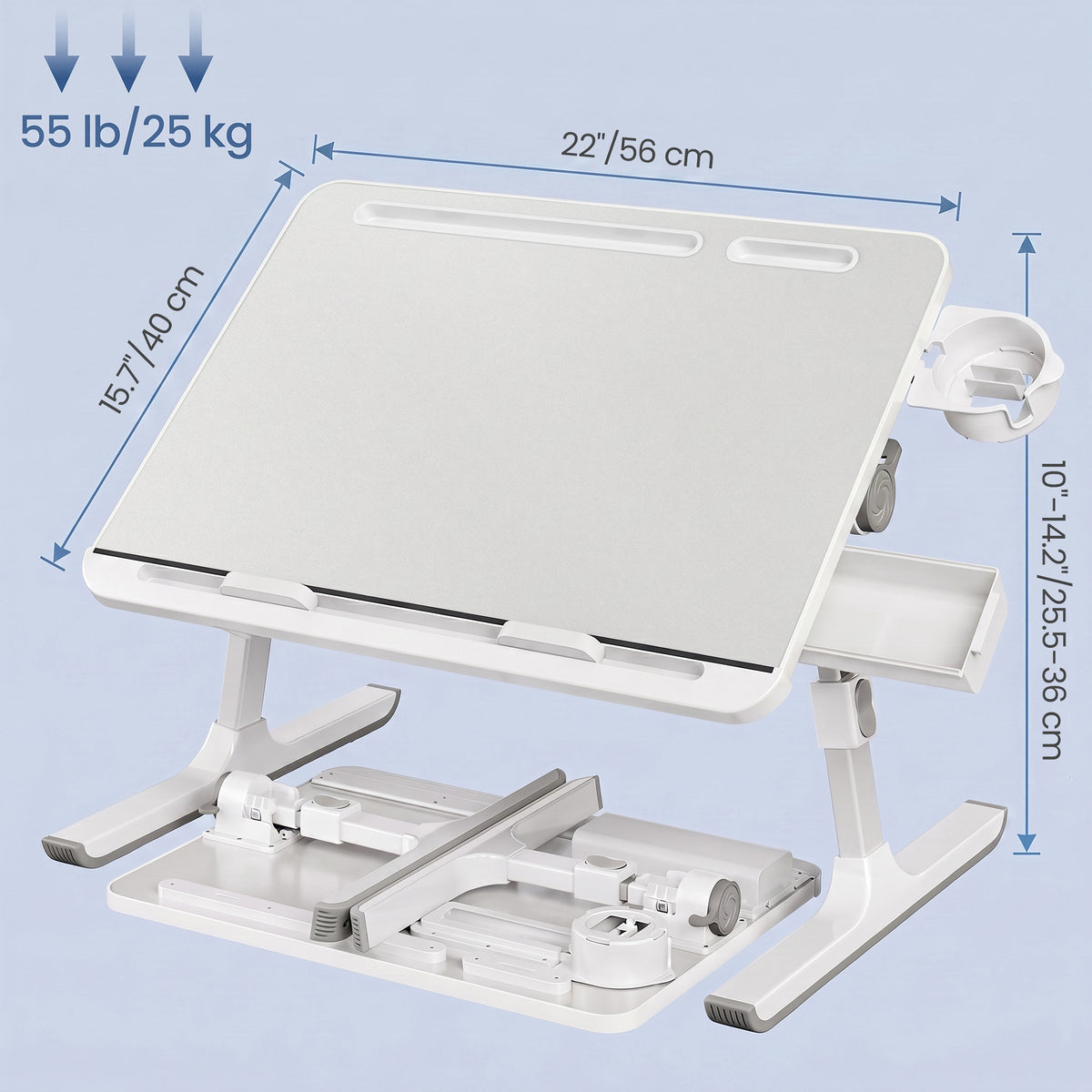 LEDREM Lap Desk Table, Adjustable Height, 120° Tilt, Large 56 x 40 cm Desktop, Foldable Laptop Bed Tray, Gray