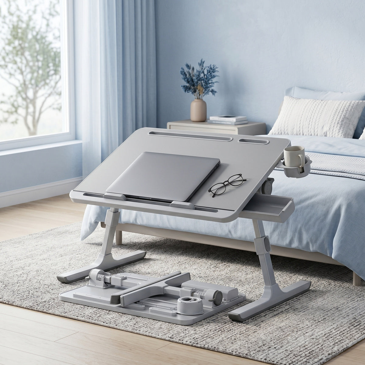 LEDREM Lap Desk Table, Adjustable Height, 120° Tilt, Large 56 x 40 cm Desktop, Foldable Laptop Bed Tray, Gray