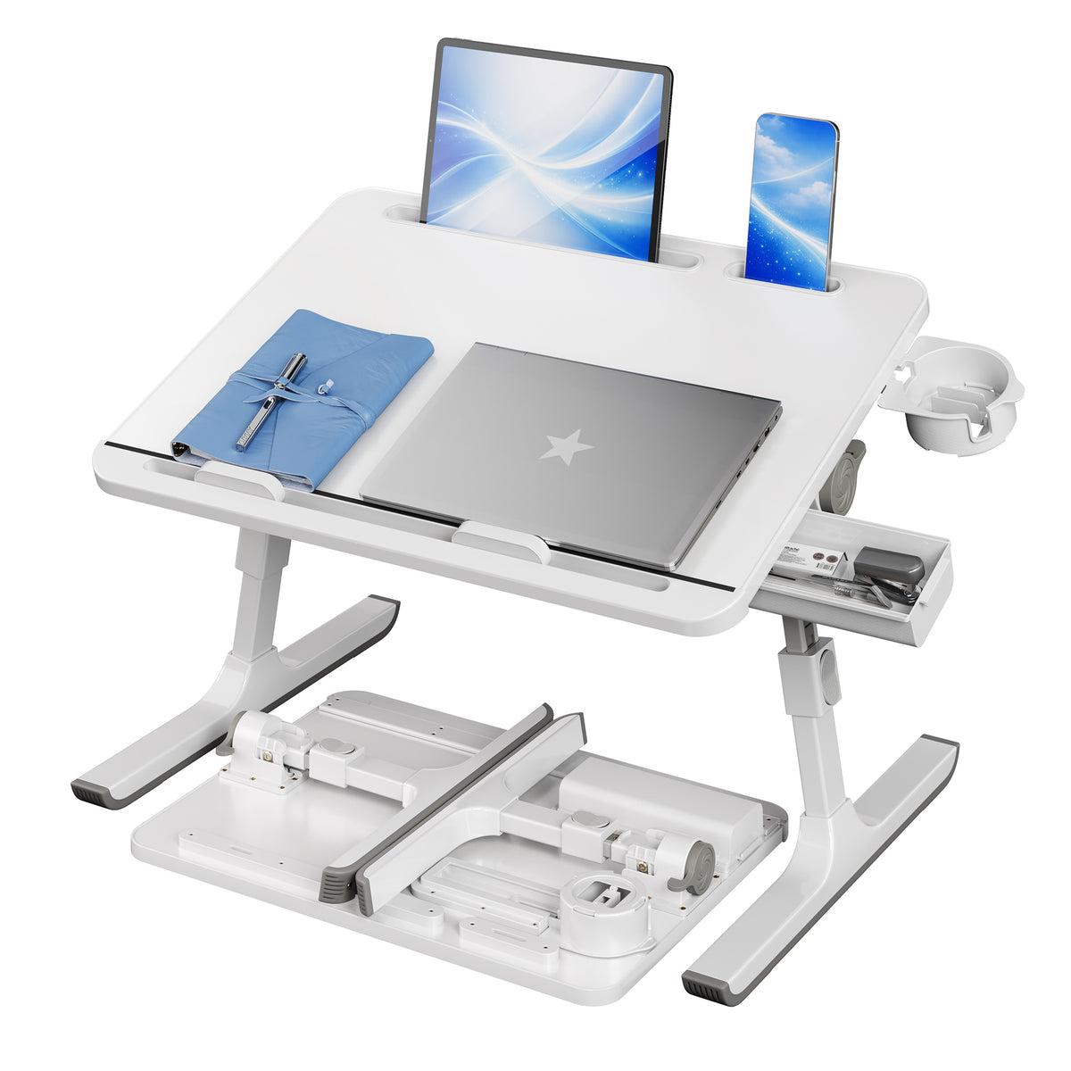Lap Desk Table, Adjustable Height, 120° Tilt, Large 56 x 40 cm Desktop, Foldable Laptop Bed Tray, White