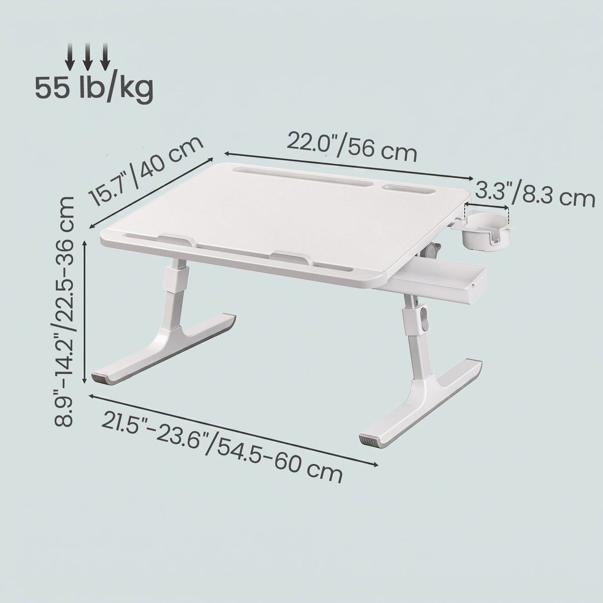 Lap Desk Table, Adjustable Height, 120° Tilt, Large 56 x 40 cm Desktop, Foldable Laptop Bed Tray, White