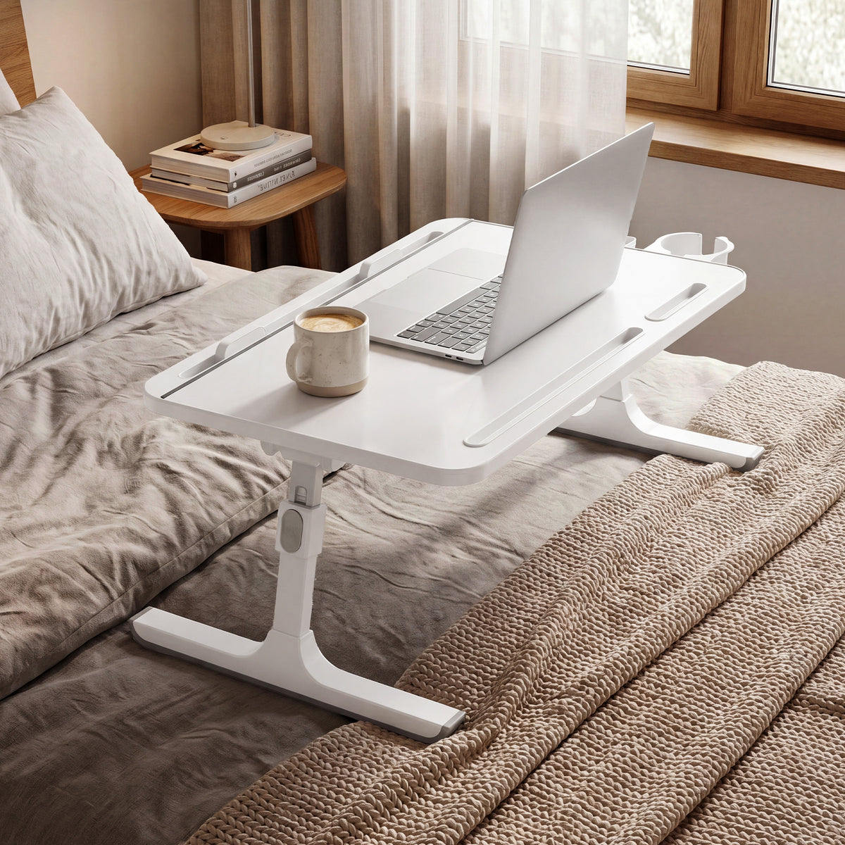 Lap Desk Table, Adjustable Height, 120° Tilt, Large 56 x 40 cm Desktop, Foldable Laptop Bed Tray, White