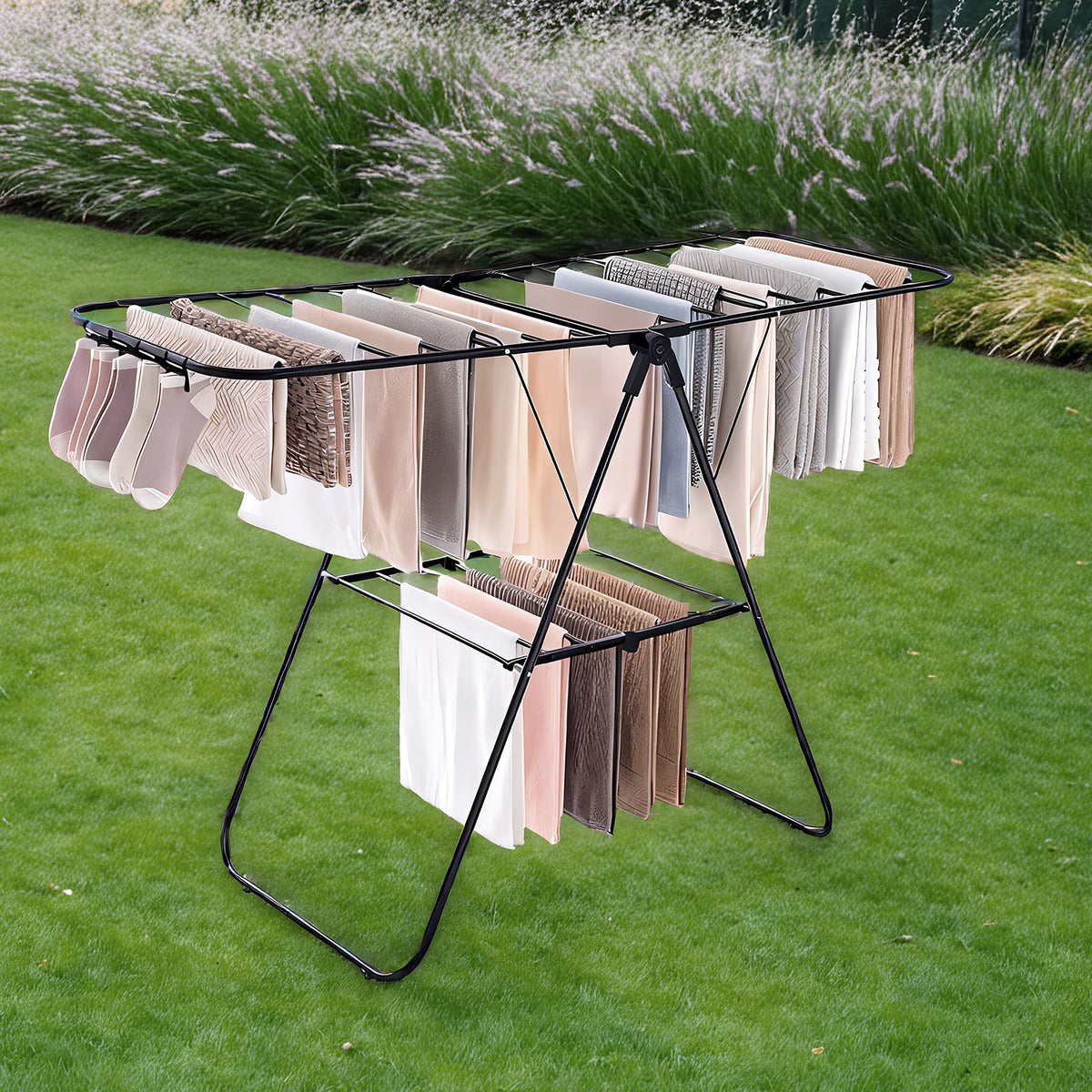 LEDREM Clothes Drying Rack, Foldable Steel Laundry Airer with Adjustable Wings, Space-Saving for Indoor Outdoor, Black