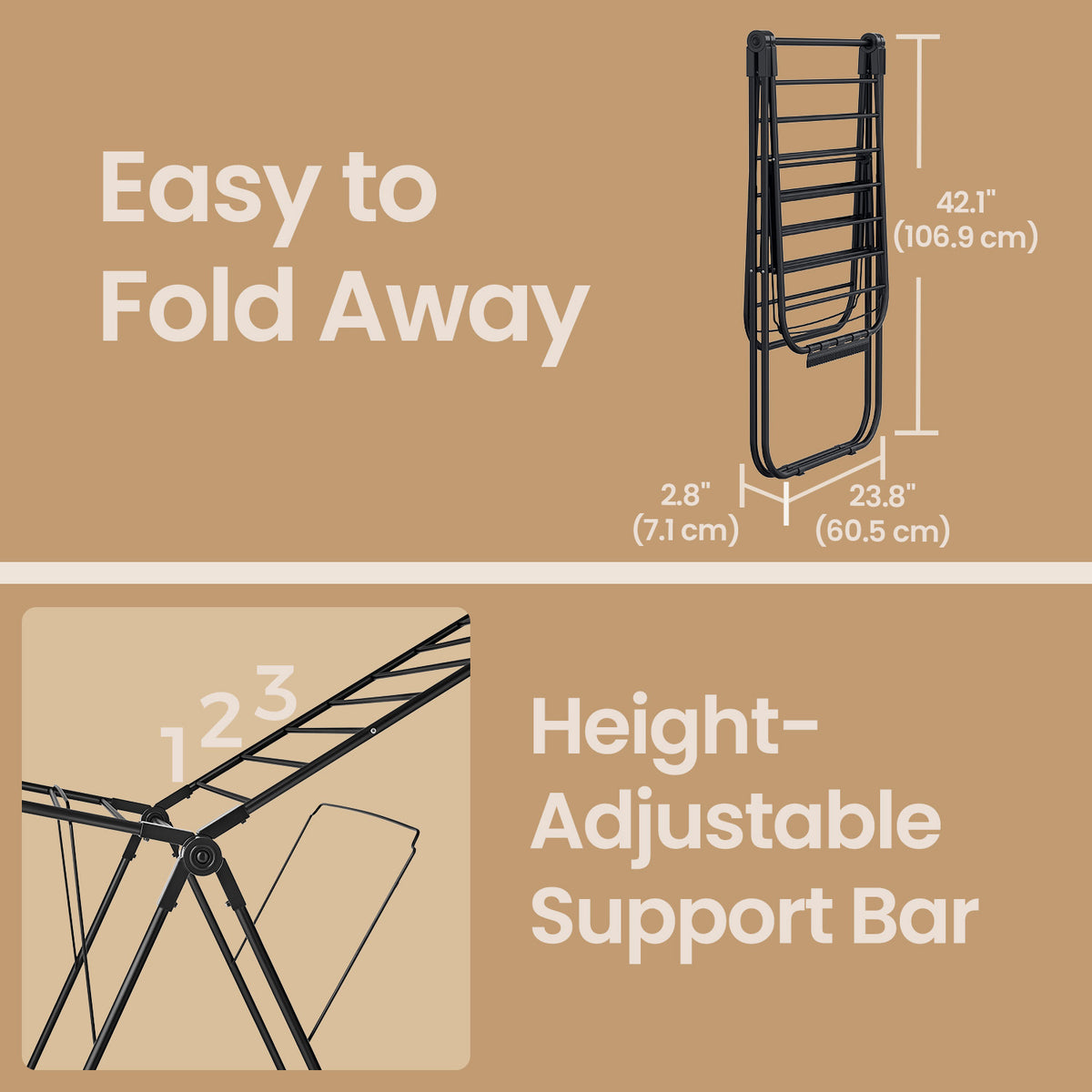 LEDREM Clothes Drying Rack, Foldable Steel Laundry Airer with Adjustable Wings, Space-Saving for Indoor Outdoor, Black