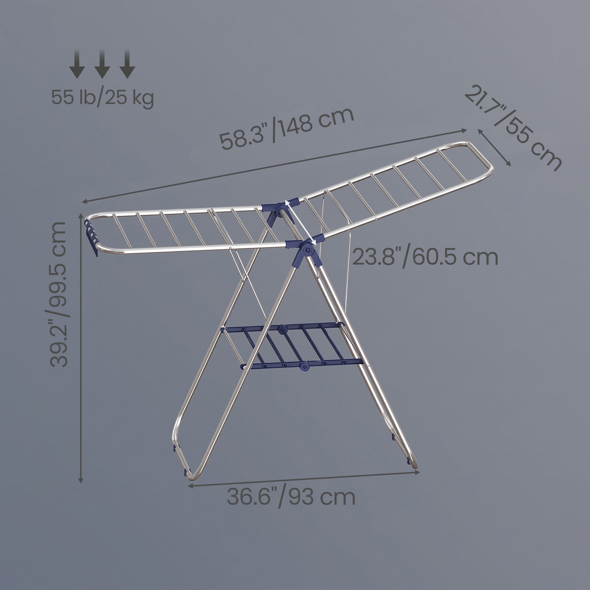 LEDREM Foldable Clothes Drying Rack, 2-Level Laundry Rack with Adjustable Wings, 58.3 x 23.8 x 39.2 inches, Silver