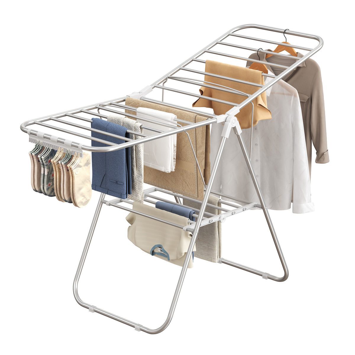 LEDREM Clothes Drying Rack, Foldable Stainless Steel Laundry Airer with Adjustable Wings, Space-Saving for Indoor Outdoor, Silver and White