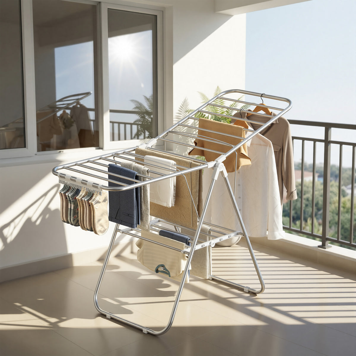 LEDREM Clothes Drying Rack, Foldable Stainless Steel Laundry Airer with Adjustable Wings, Space-Saving for Indoor Outdoor, Silver and White