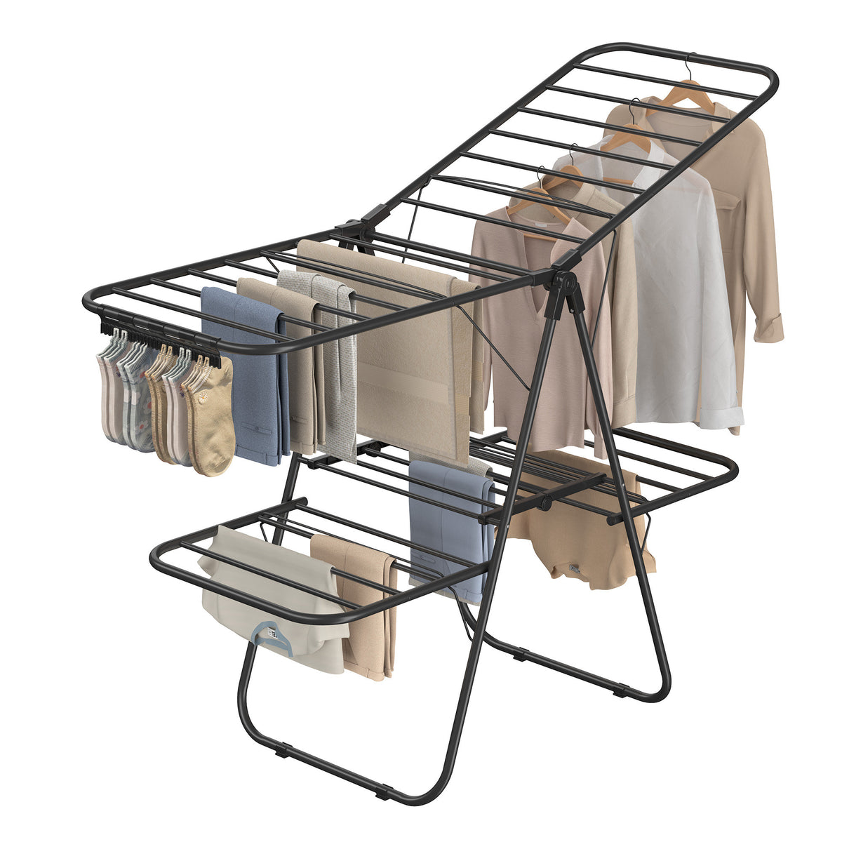 LEDREM Clothes Drying Rack, Foldable 2-Level Laundry Drying Rack, with Height-Adjustable Wings, 33 Drying Rails, Sock Clips, Black