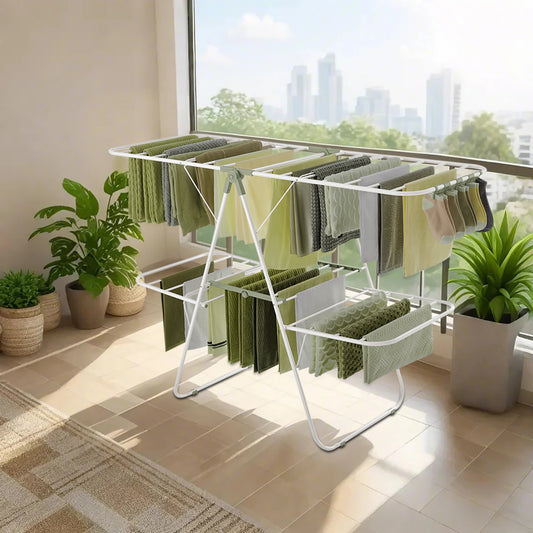 Foldable 2-Tier Clothes Drying Rack, Free-Standing Laundry Airer with 4 Adjustable Wings, 33 Rails & 27 Sock Clips, Space-Saving for Blankets,Towels, White & Green