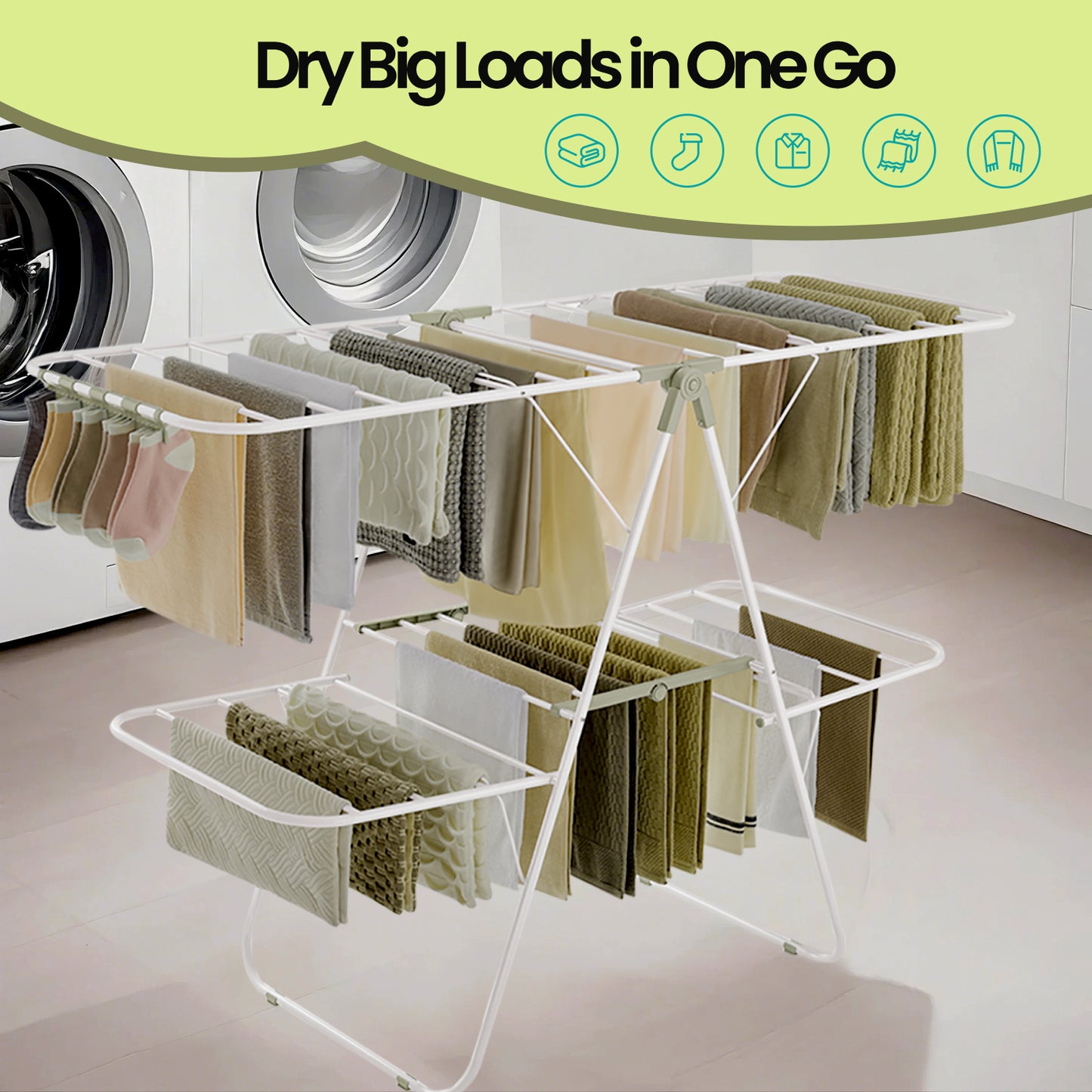 Foldable 2-Tier Clothes Drying Rack, Free-Standing Laundry Airer with 4 Adjustable Wings, 33 Rails & 27 Sock Clips, Space-Saving for Blankets,Towels, White & Green