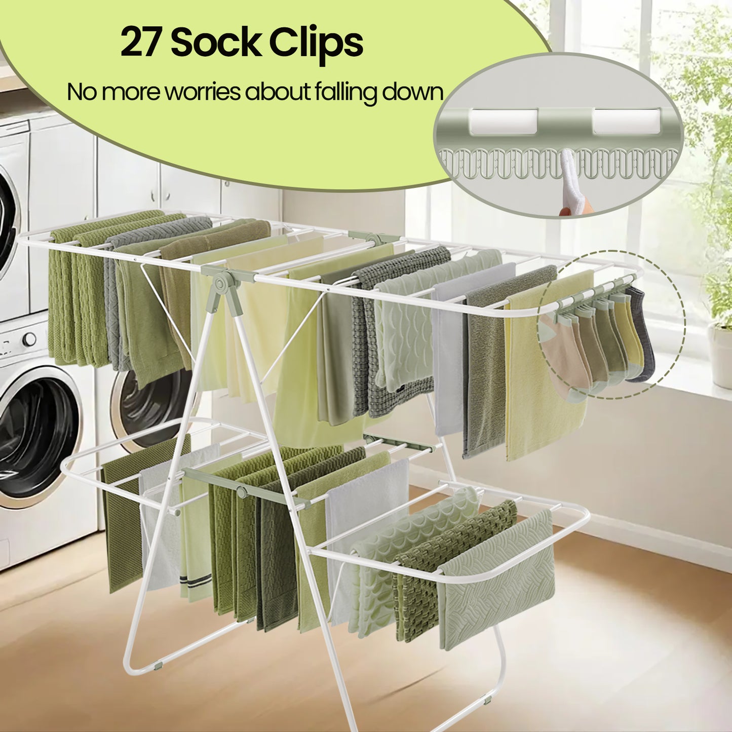 Foldable 2-Tier Clothes Drying Rack, Free-Standing Laundry Airer with 4 Adjustable Wings, 33 Rails & 27 Sock Clips, Space-Saving for Blankets,Towels, White & Green
