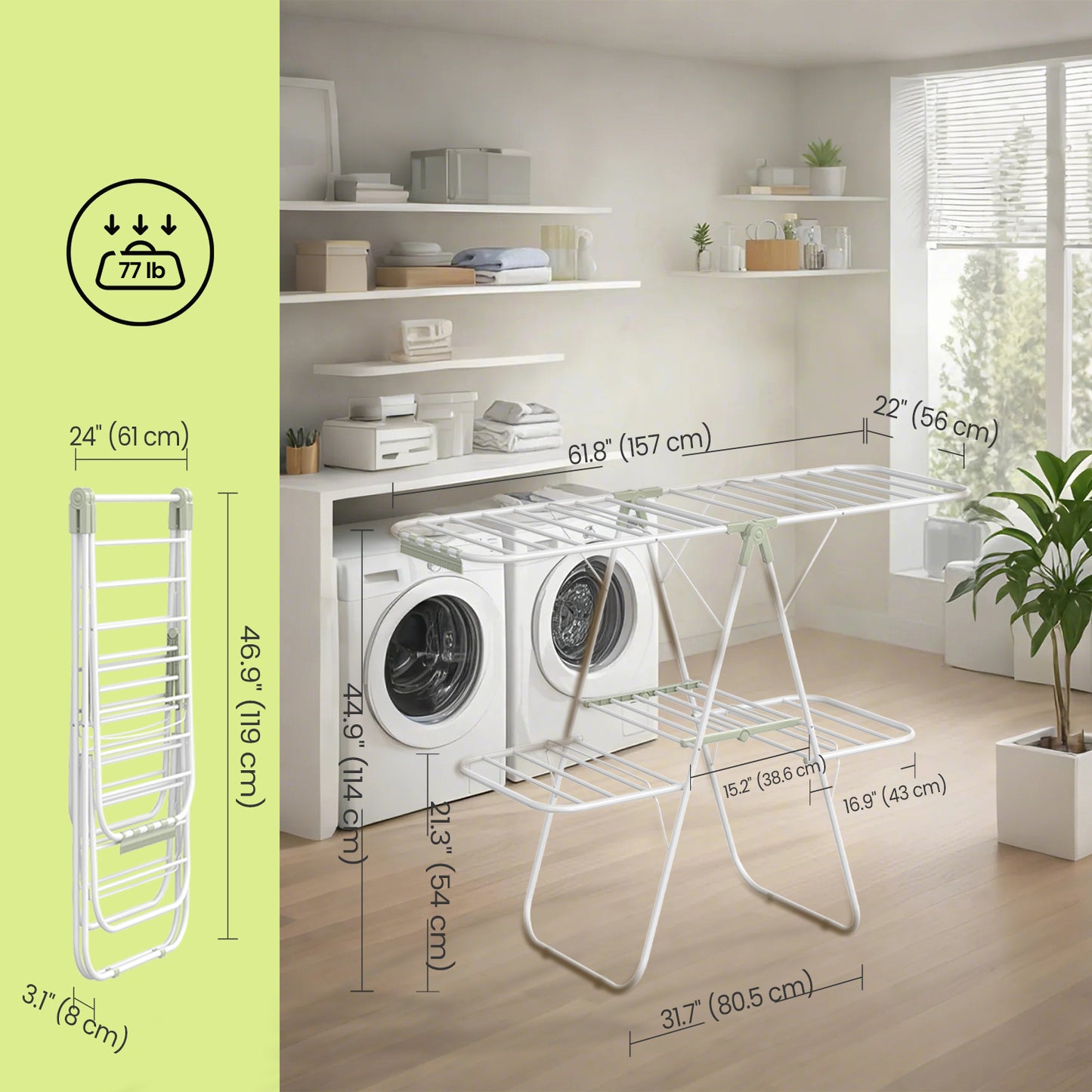 Foldable 2-Tier Clothes Drying Rack, Free-Standing Laundry Airer with 4 Adjustable Wings, 33 Rails & 27 Sock Clips, Space-Saving for Blankets,Towels, White & Green