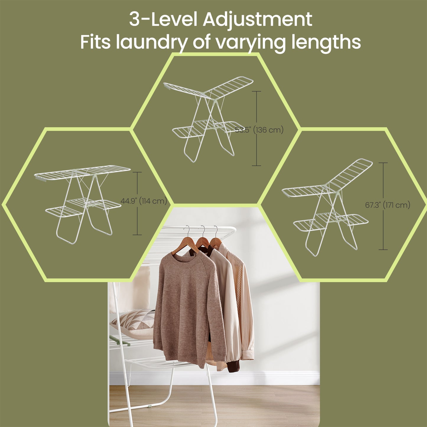 Foldable 2-Tier Clothes Drying Rack, Free-Standing Laundry Airer with 4 Adjustable Wings, 33 Rails & 27 Sock Clips, Space-Saving for Blankets,Towels, White & Green