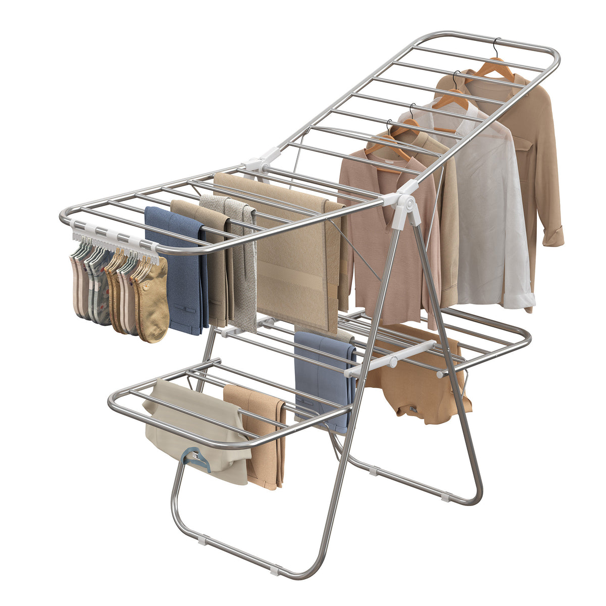 LEDREM Foldable Clothes Drying Rack, 2-Level Laundry Rack with Adjustable Wings, 61.6 x 24.1 x 41.7 inches, Silver and White