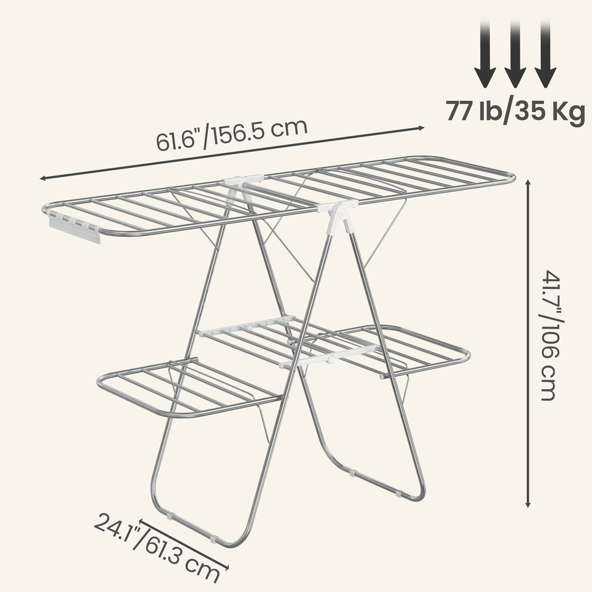 LEDREM Foldable Clothes Drying Rack, 2-Level Laundry Rack with Adjustable Wings, 61.6 x 24.1 x 41.7 inches, Silver and White