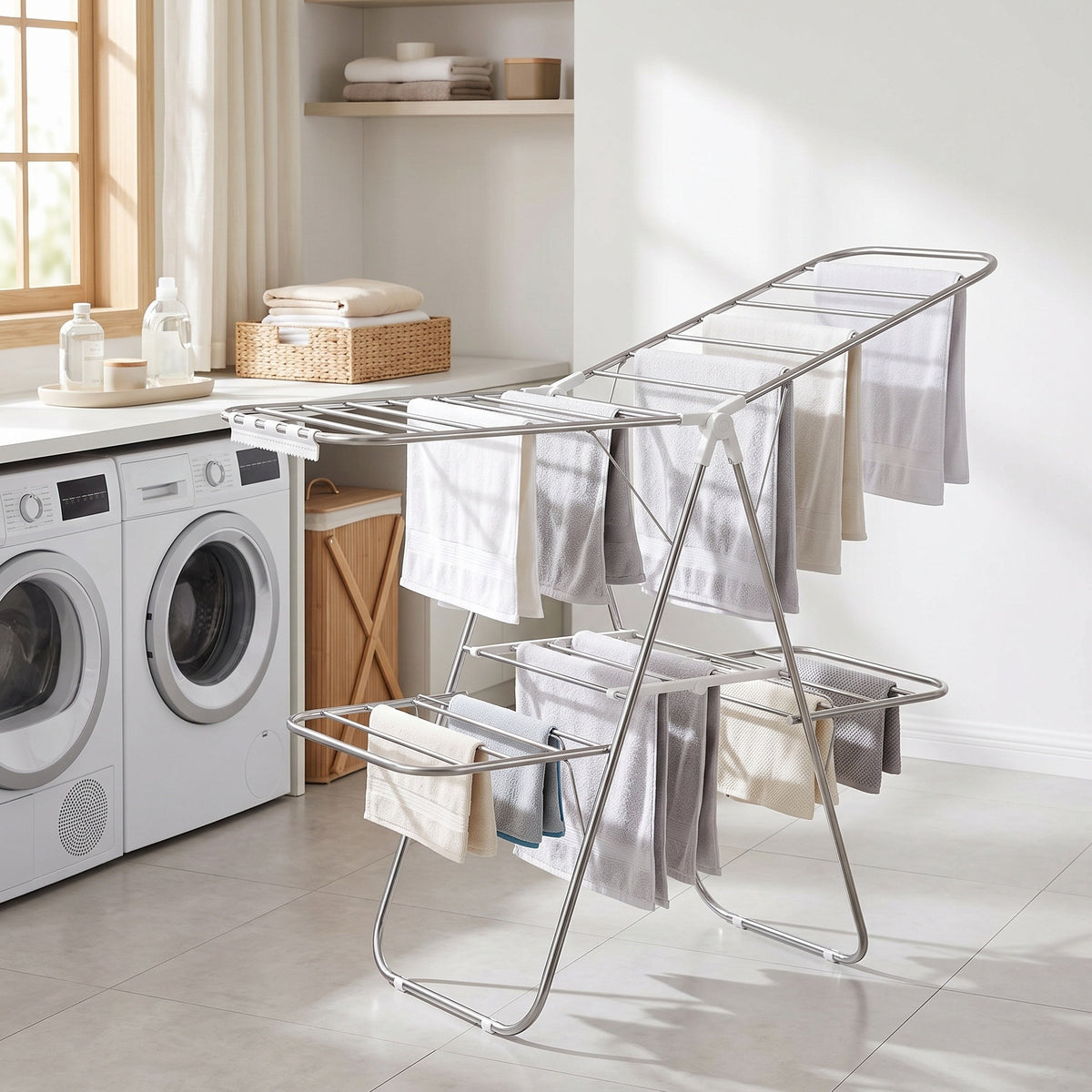 LEDREM Foldable Clothes Drying Rack, 2-Level Laundry Rack with Adjustable Wings, 61.6 x 24.1 x 41.7 inches, Silver and White