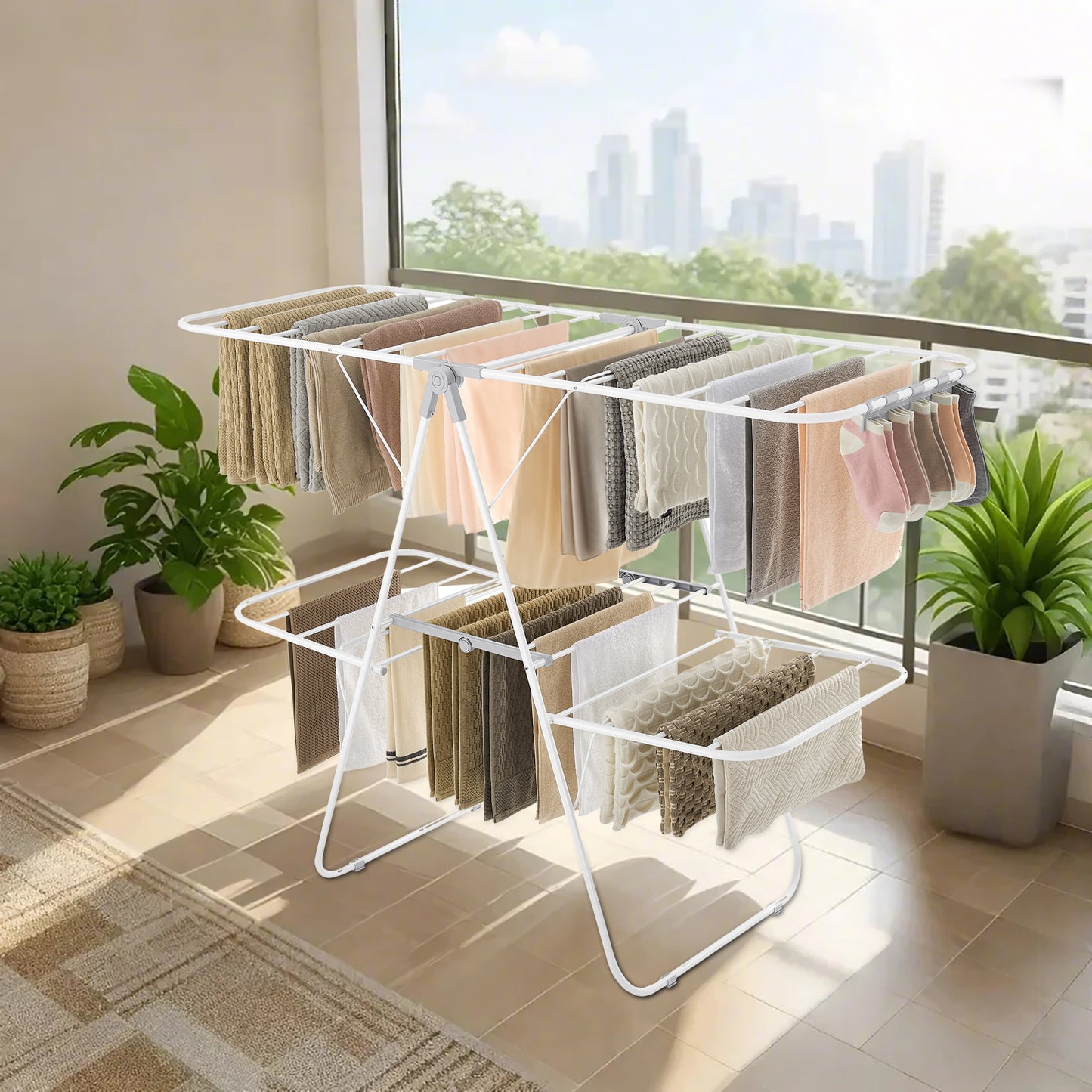 Clothes Drying Rack, Foldable 2-Level Airer with 4 Adjustable Wings, 33 Rails, 27 Sock Clips, Free-Standing Laundry Dryer for Indoor/Outdoor Use, White and Gray