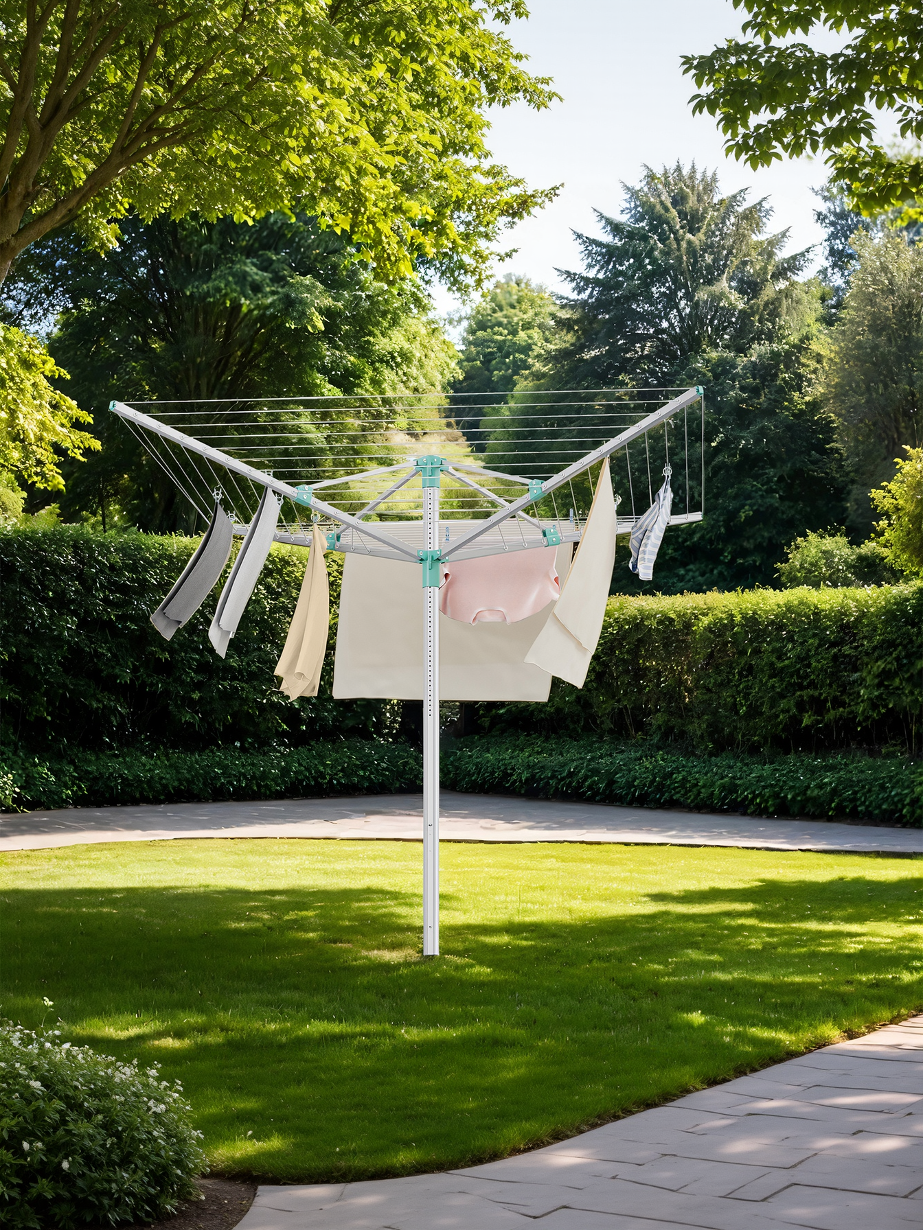 Retractable Umbrella Drying Rack, Height Adjustable Outdoor Clothesline with 164 ft Capacity and Ground Spike, Silver and Green