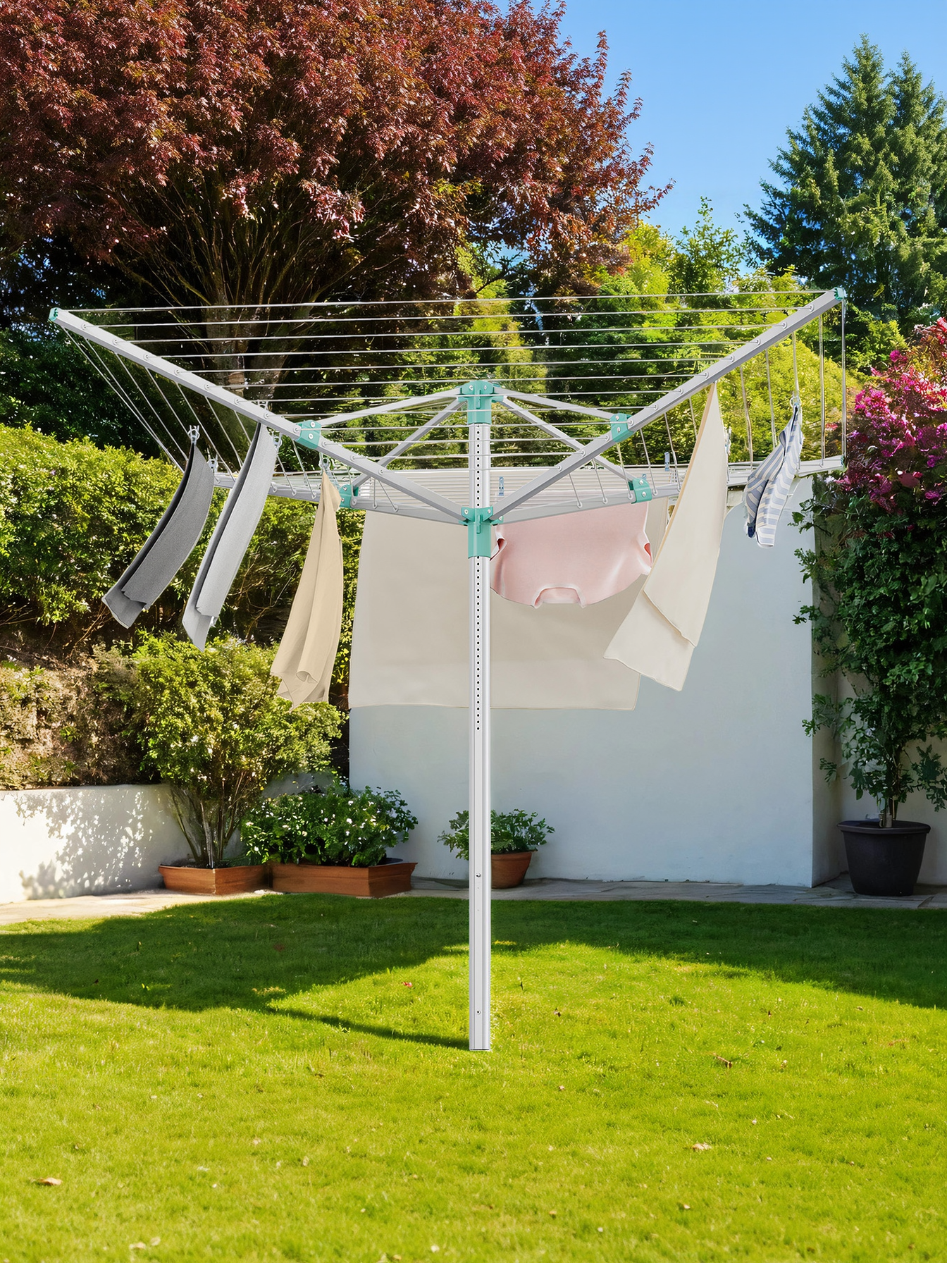 Retractable Umbrella Drying Rack, Height Adjustable Outdoor Clothesline with 164 ft Capacity and Ground Spike, Silver and Green
