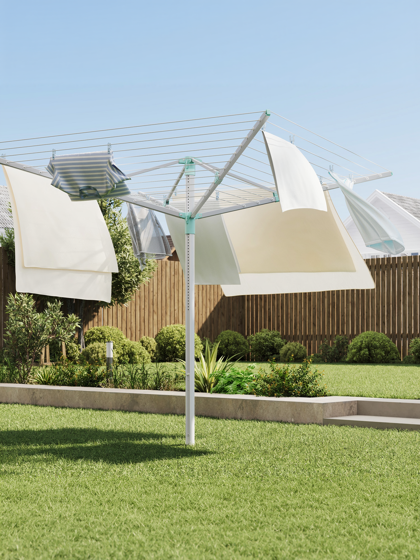 Retractable Umbrella Drying Rack, Height Adjustable Outdoor Clothesline with 164 ft Capacity and Ground Spike, Silver and Green