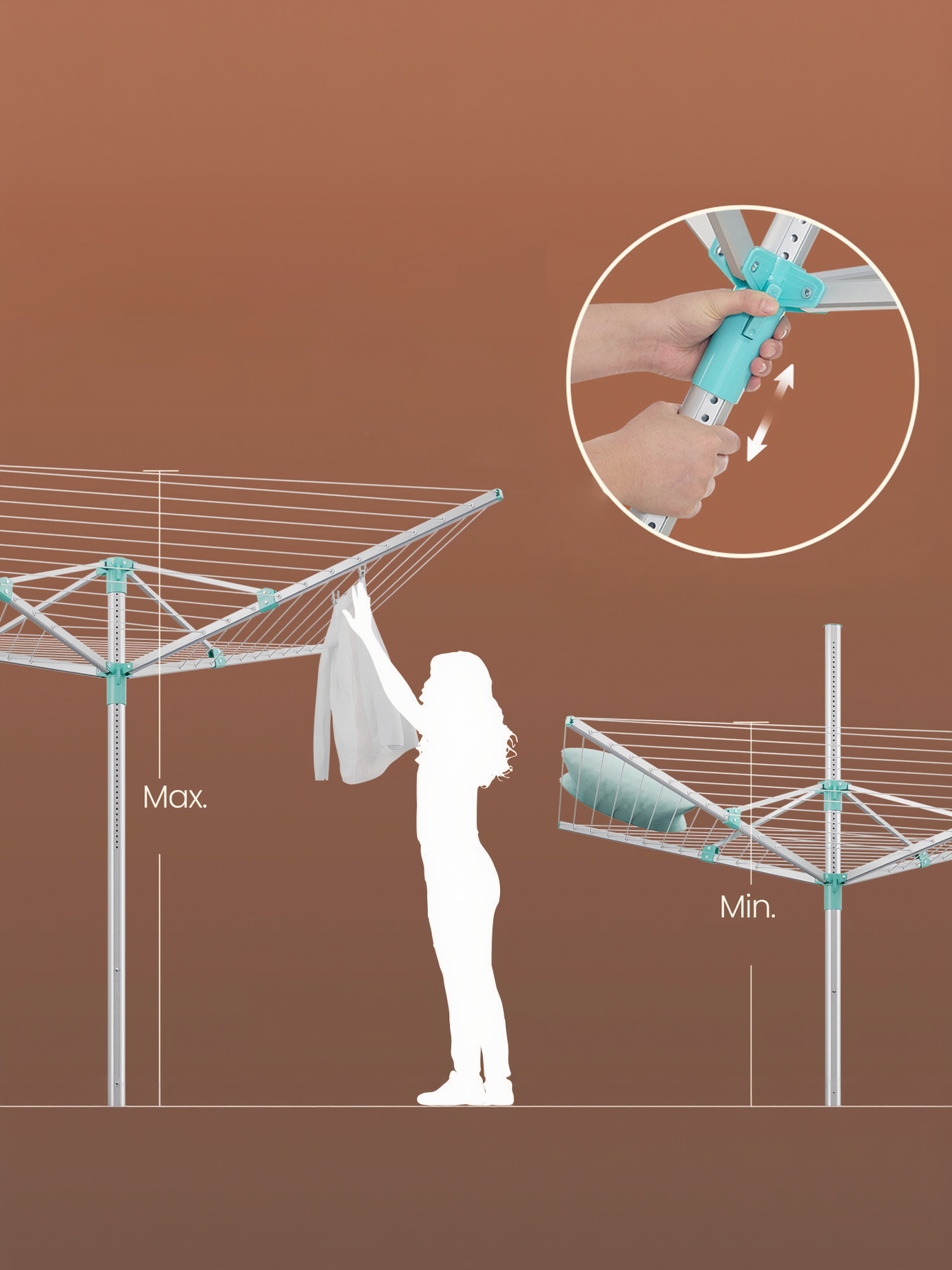 Retractable Umbrella Drying Rack, Height Adjustable Outdoor Clothesline with 164 ft Capacity and Ground Spike, Silver and Green