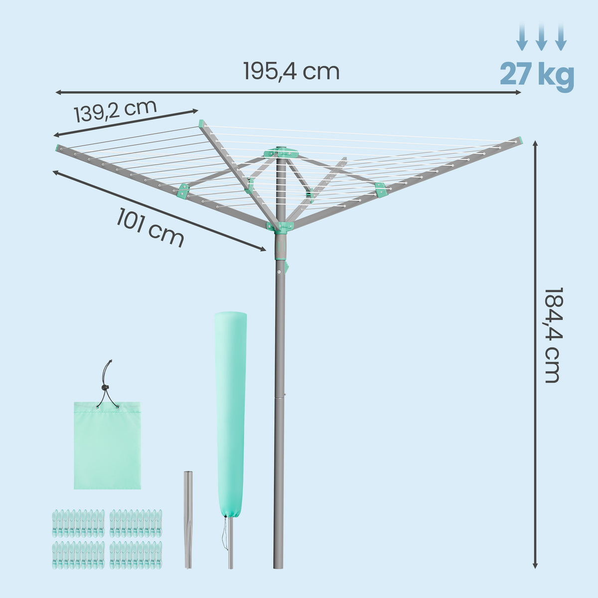 LEDREM Outdoor Clothes Drying Rack, Adjustable Rotary Clothesline with Clips, for Garden, 197 ft, Silver