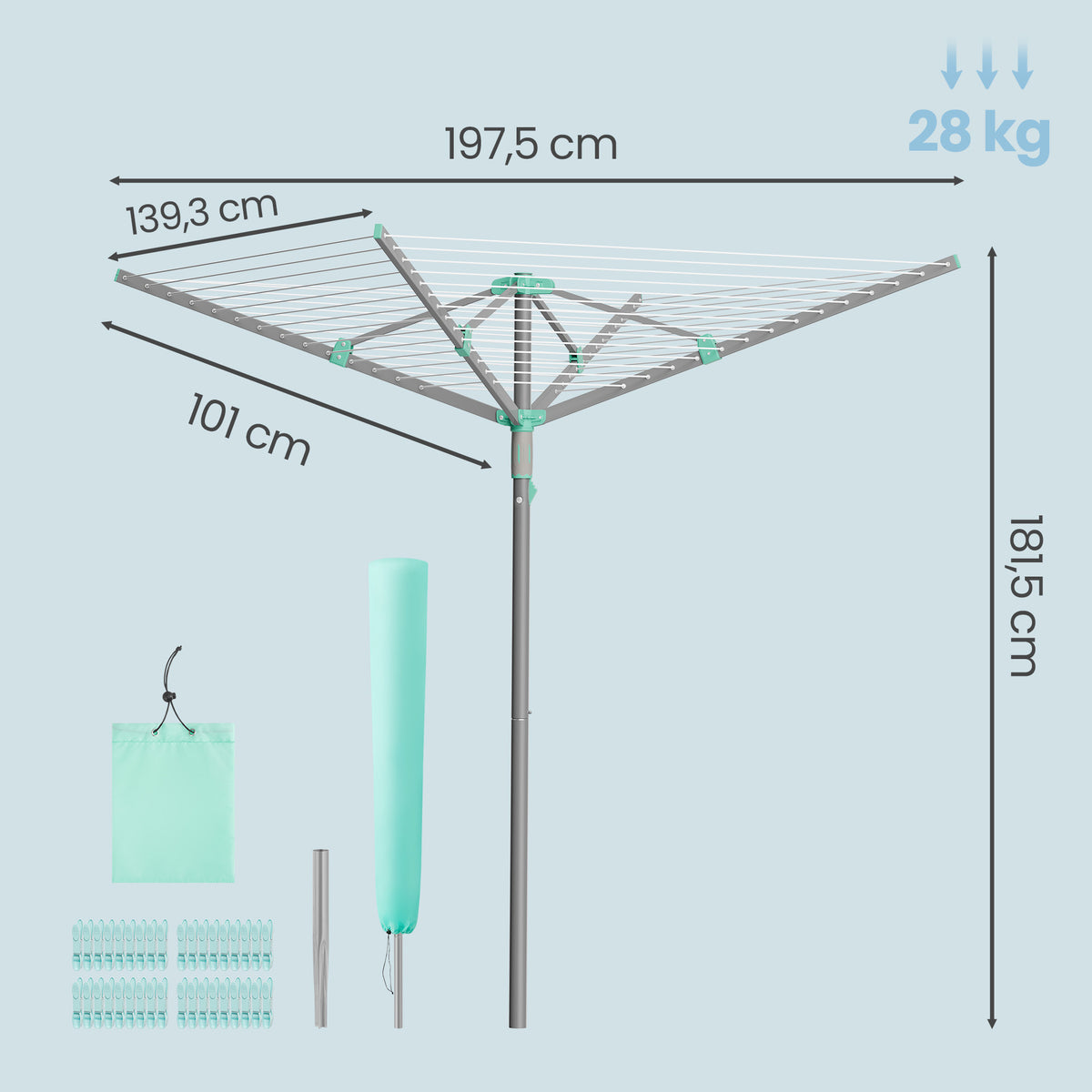 LEDREM Outdoor Clothes Drying Rack, Adjustable Rotary Clothesline with Clips, for Garden, 197 ft, Silver