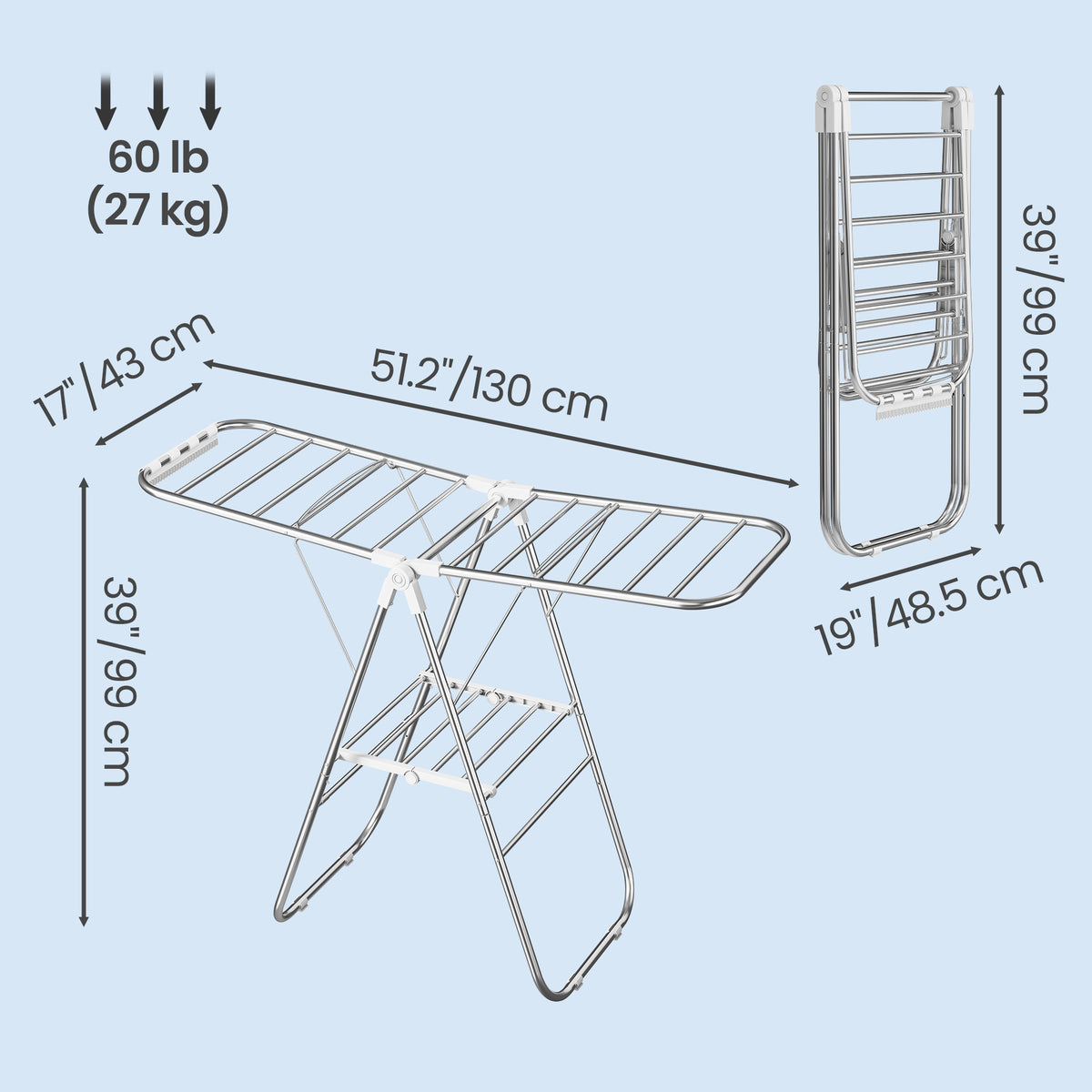 Foldable Metal Laundry Rack, Clothes Drying Rack, Height-Adjustable Gullwings, 17 x 51.2 x 39 Inches, White