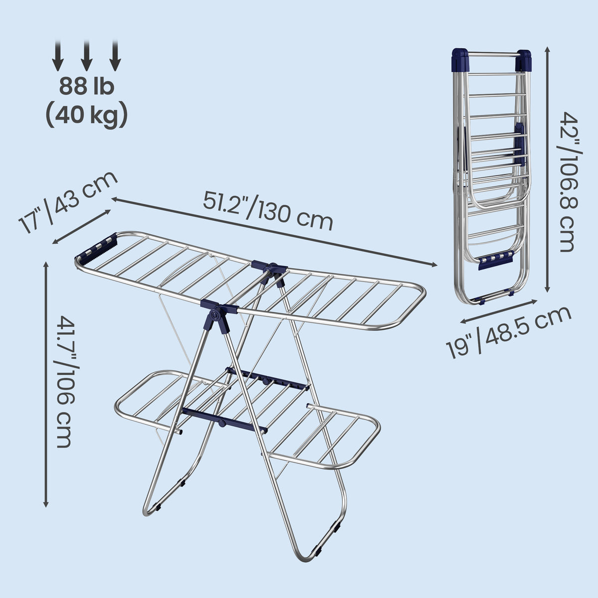 Foldable Metal Laundry Rack, Clothes Drying Rack, Height-Adjustable Gullwings, 17 x 51.2 x 41.7 Inches, Blue