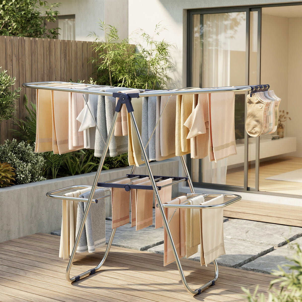 Foldable Metal Laundry Rack, Clothes Drying Rack, Height-Adjustable Gullwings, 17 x 51.2 x 41.7 Inches, Blue