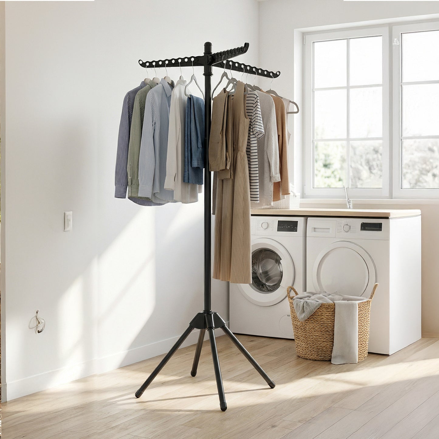Folding Clothes Drying Rack with 3 Rotatable Arms, Stainless Steel Laundry Rack for 27 Pieces, 59-Inch Tall, Black