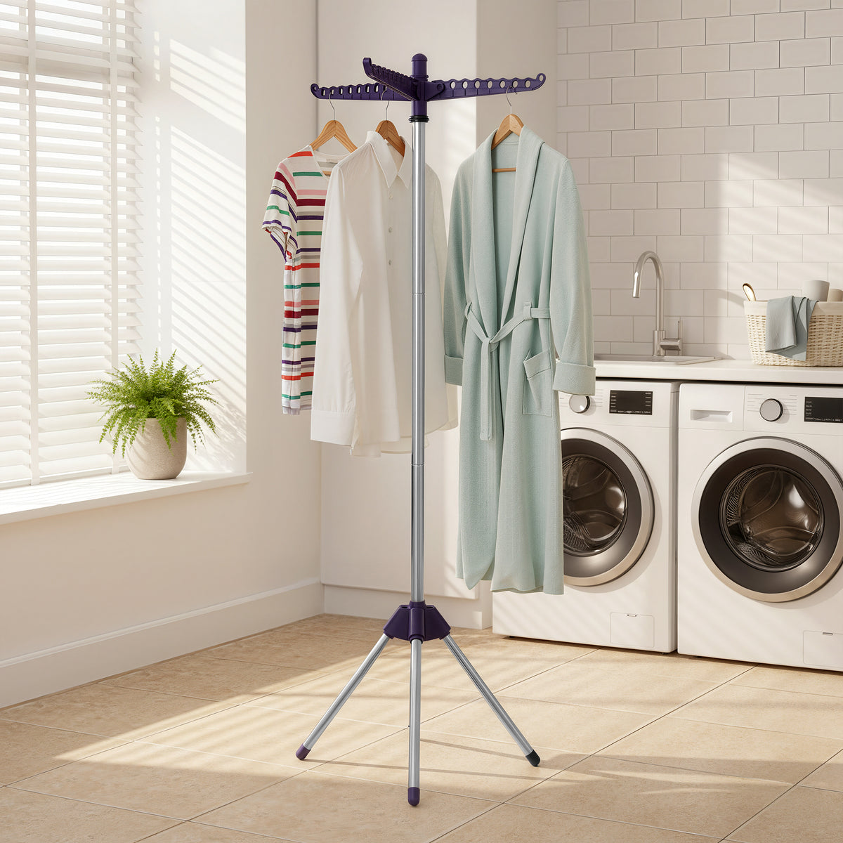 LEDREM Folding Clothes Drying Rack with 3 Rotatable Arms, Steel,Stainless Steel,PP Plastic,ABS Plastic, 61.6 Inches, Silver and Blue