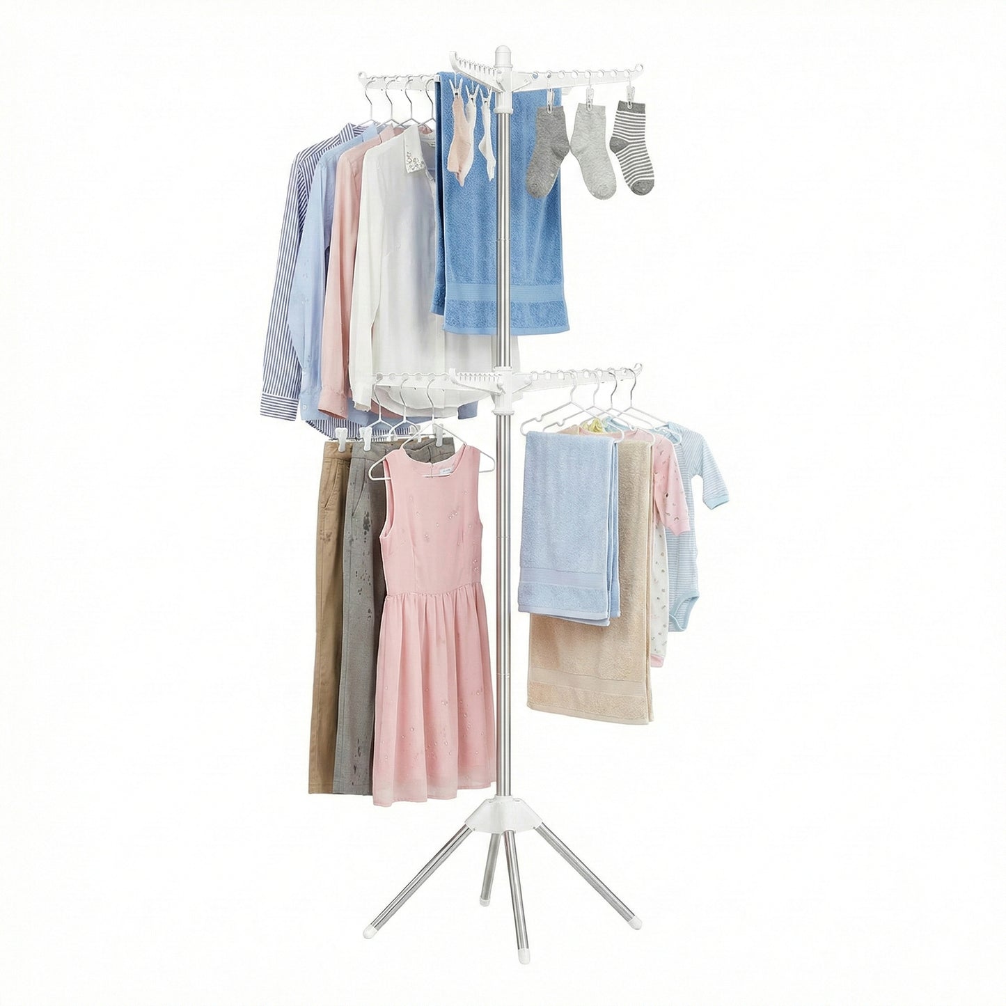 2-Tier Clothes Drying Rack, Folding Laundry Rack with 6 Rotatable Arms for Hangers, Stainless Steel, Holds 54 Items, White and Silver