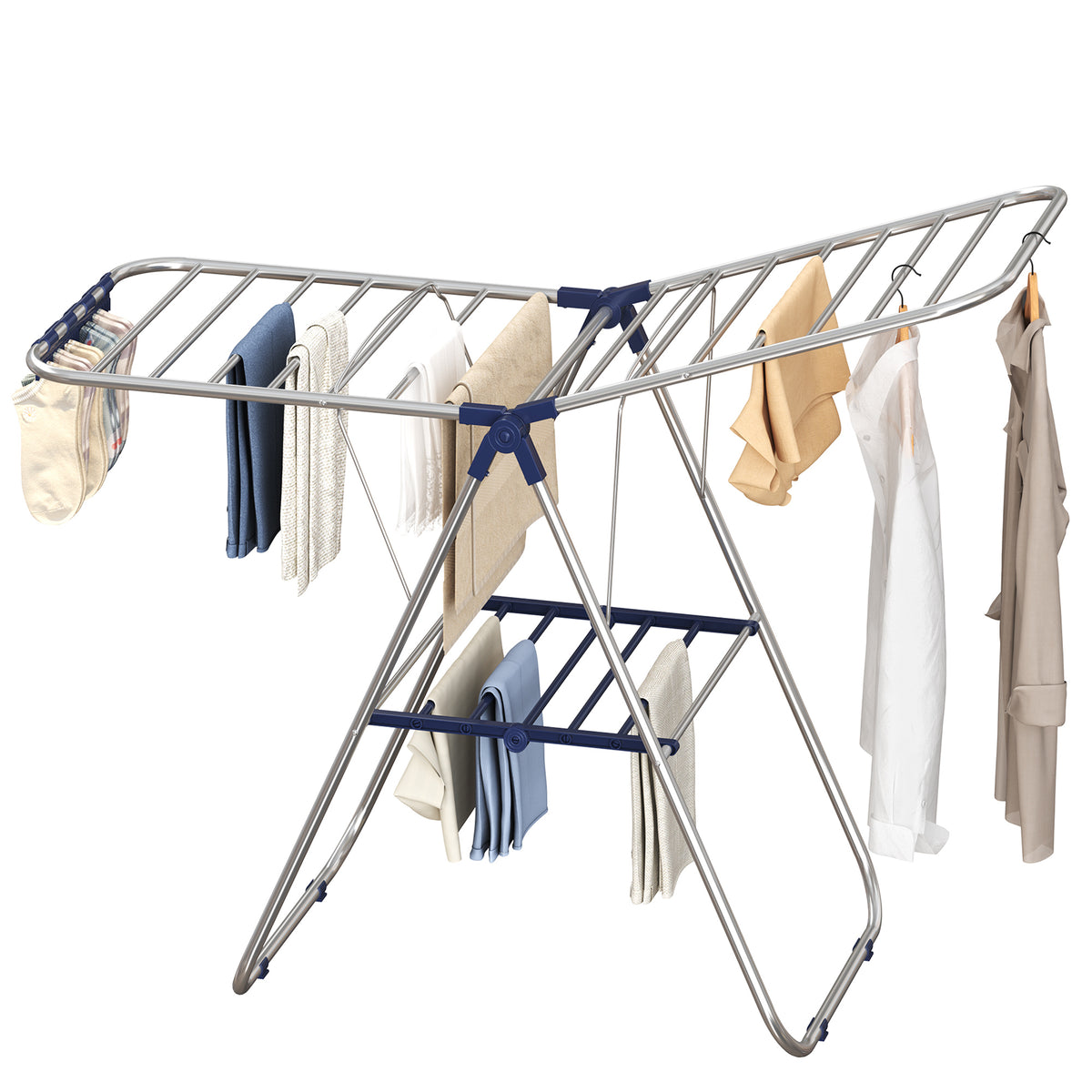 LEDREM Foldable Clothes Drying Rack, 2-Level Laundry Rack with Adjustable Wings, 58.3 x 23.8 x 39.2 inches, Silver