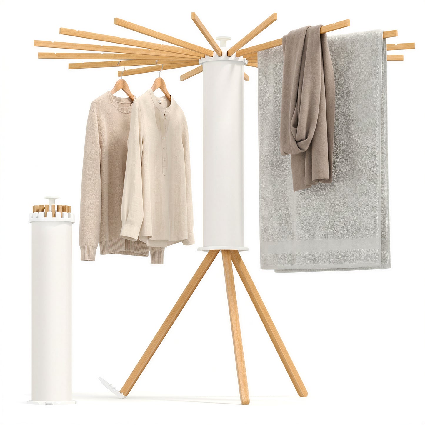Folding Clothes Horse, Extendable Stand, Space-Saving, Rotatable, Balcony Laundry Room, Wood Arms, Natural Color