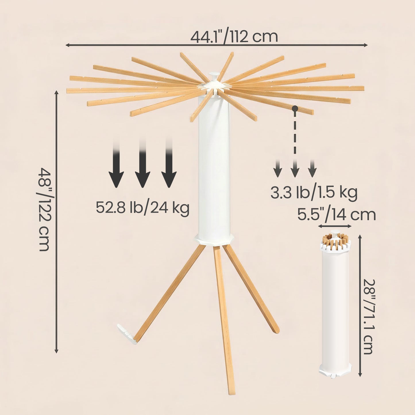 Folding Clothes Horse, Extendable Stand, Space-Saving, Rotatable, Balcony Laundry Room, Wood Arms, Natural Color