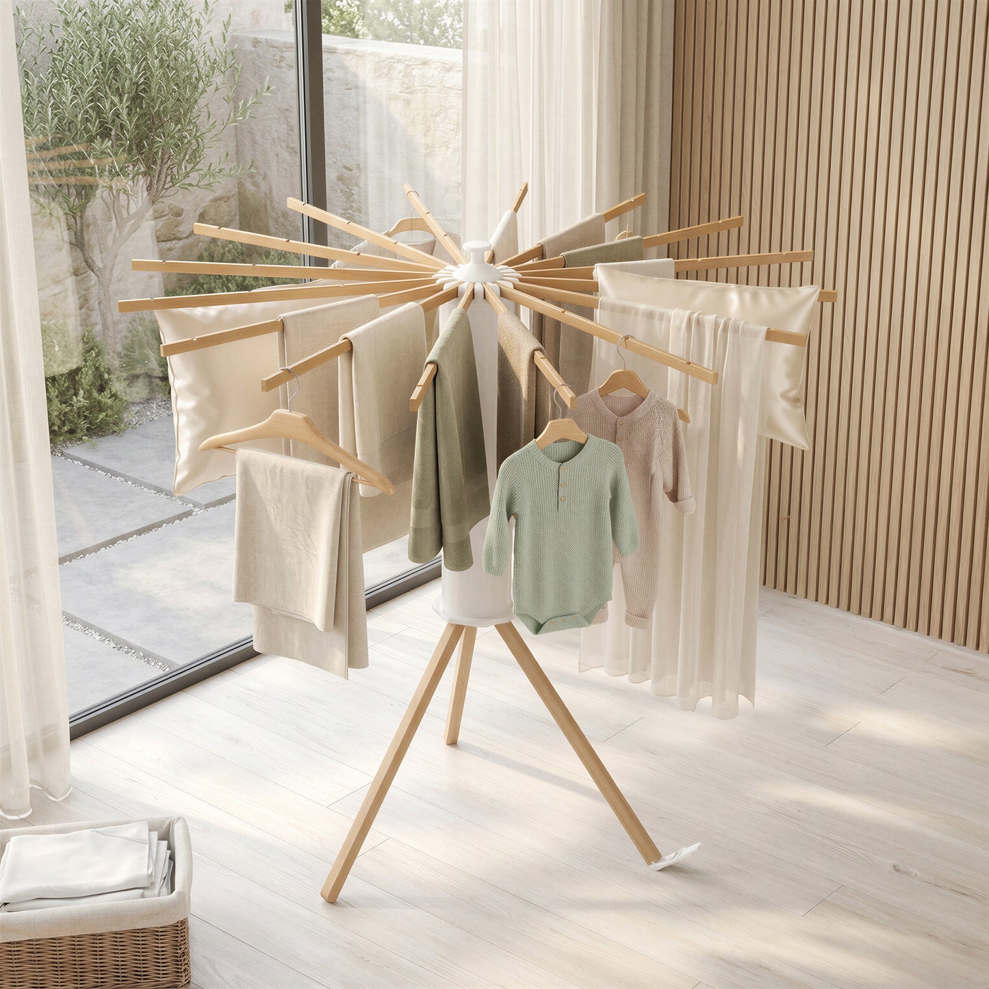 Folding Clothes Horse, Extendable Stand, Space-Saving, Rotatable, Balcony Laundry Room, Wood Arms, Natural Color
