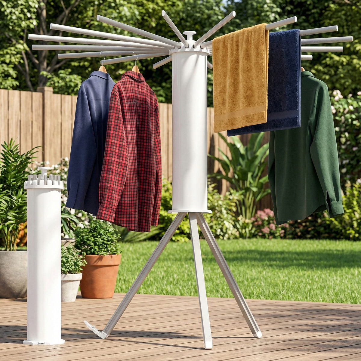 Folding Clothes Horse, Extendable Stand, Space-Saving, Rotatable, Balcony Laundry Room, Aluminum Arms, Silver