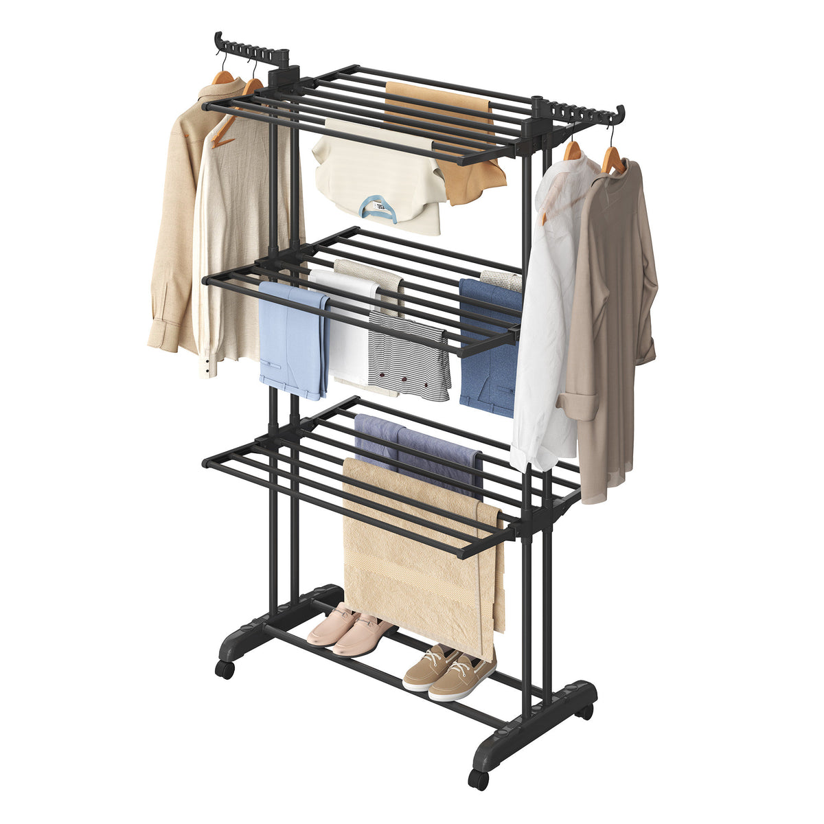 LEDREM Clothes Drying Rack, Foldable Laundry Drying Rack, Stainless Steel, Clothes Airer, Indoor Outdoor Use, Black