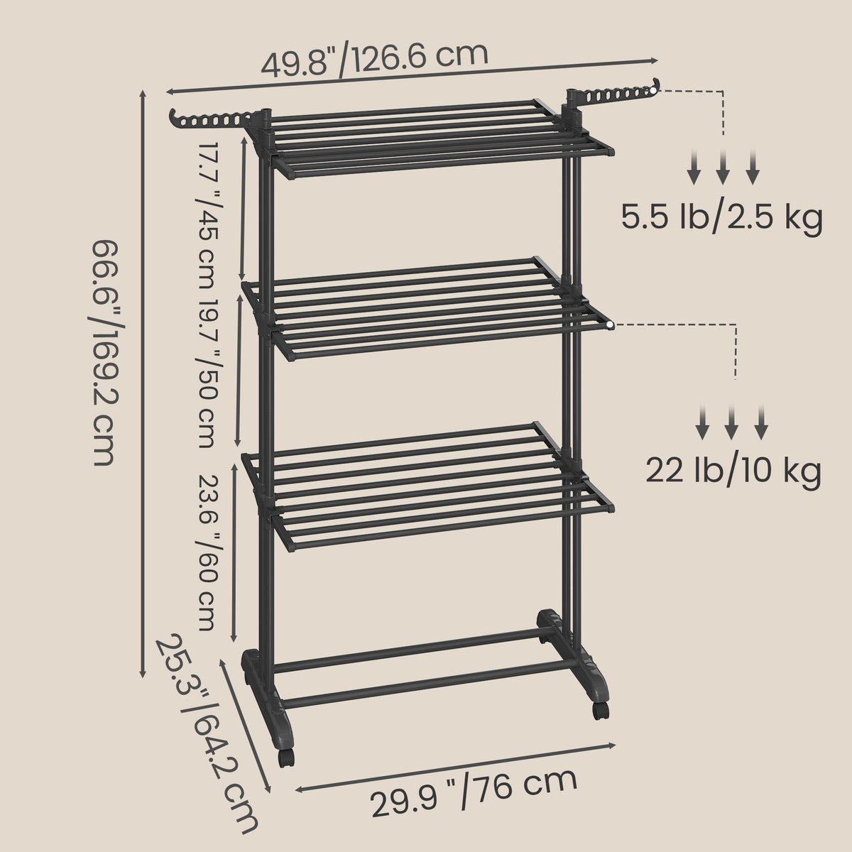 LEDREM Clothes Drying Rack, Foldable Laundry Drying Rack, Stainless Steel, Clothes Airer, Indoor Outdoor Use, Black