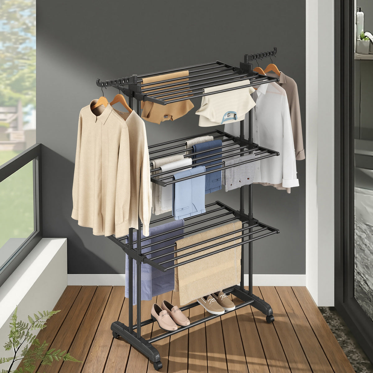 LEDREM Clothes Drying Rack, Foldable Laundry Drying Rack, Stainless Steel, Clothes Airer, Indoor Outdoor Use, Black