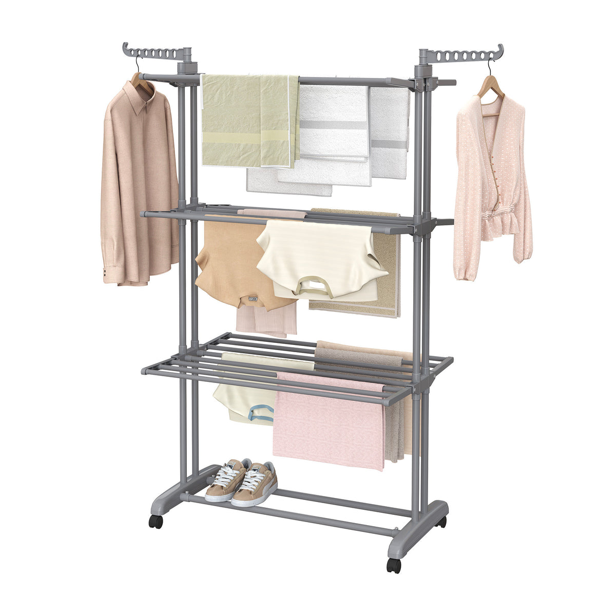 LEDREM 3-Tier Foldable Drying Rack, Stainless Steel Clothes Airer with Folding Wings, Indoor Outdoor Use, Gray
