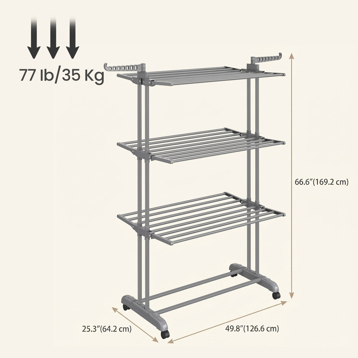 LEDREM 3-Tier Foldable Drying Rack, Stainless Steel Clothes Airer with Folding Wings, Indoor Outdoor Use, Gray